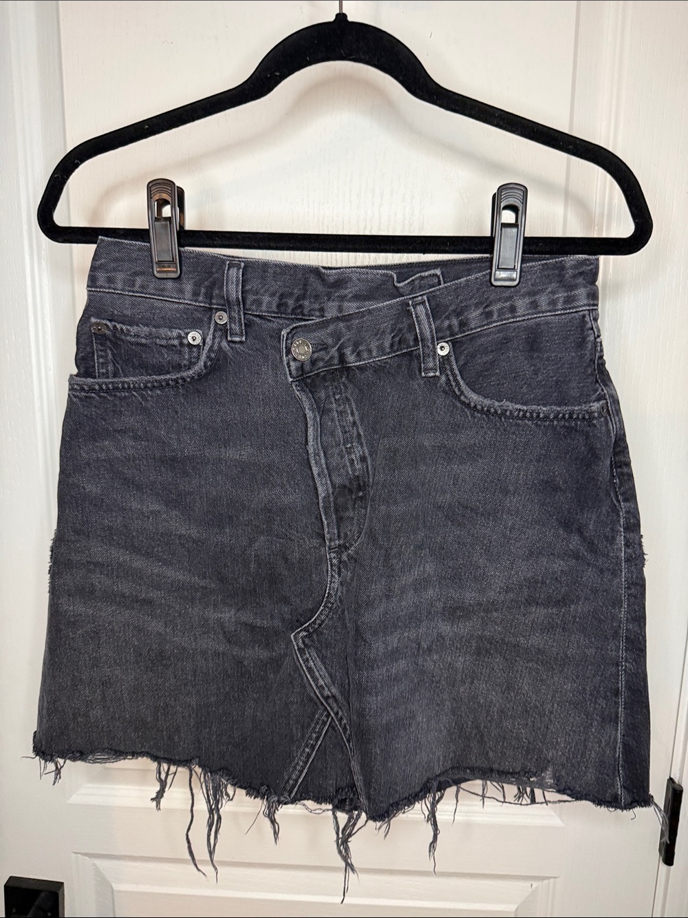 Agolde Black Washed Denim Mini Skirt with Frayed Hem